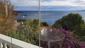 A coastal view from a balcony with a clear sky, a sea, and some vegetation. - Stunning seaview apartment 2 terraces barbecue private parking 5m from the beach (Roses)