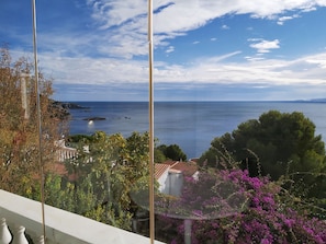 A coastal view from a balcony with a clear sky, a sea, and some vegetation.