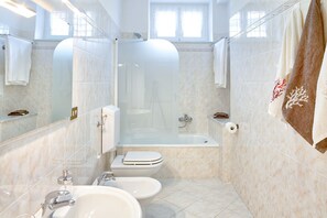 Bathtub, hair dryer, bidet, towels