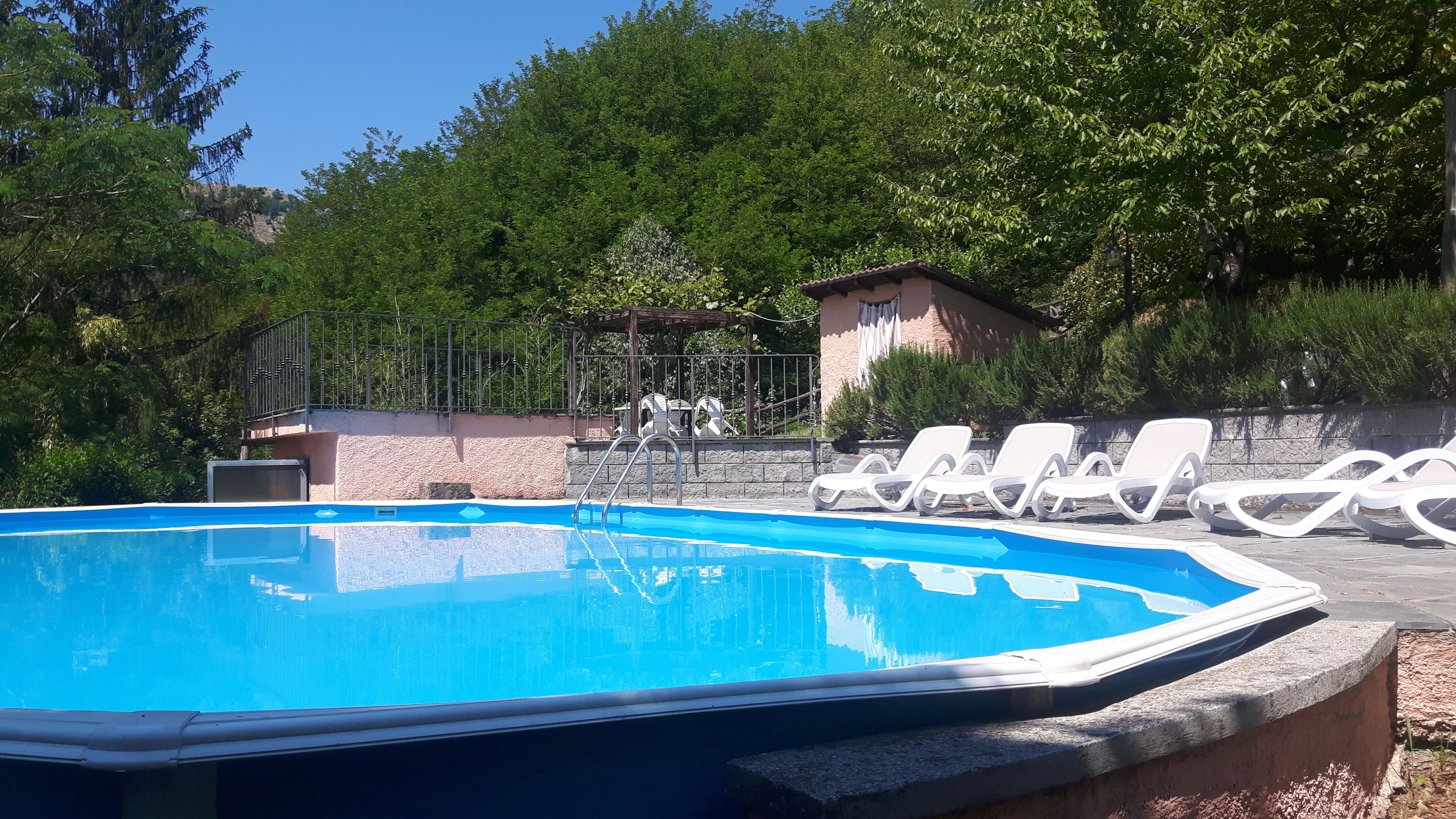 Une piscine entourée d’arbres et d’un petit bâtiment, avec des chaises longues à proximité.