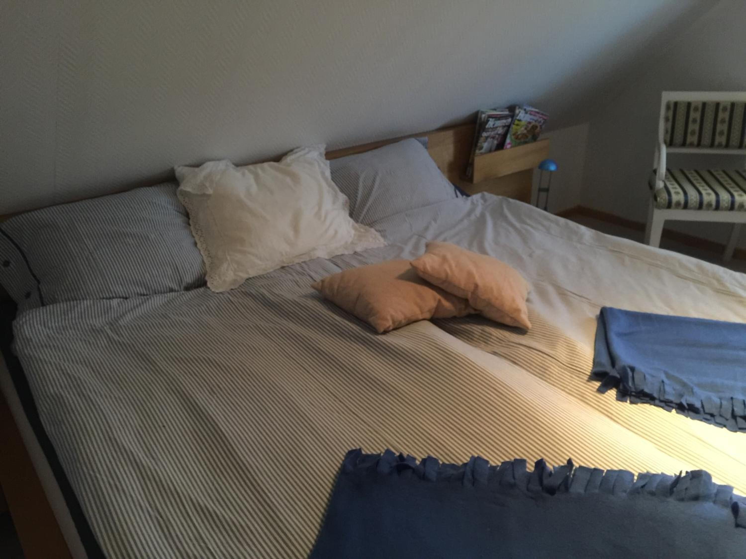 A bed with striped bedding, two pillows, and a blanket. There is a nightstand with a lamp and a shelf with books.