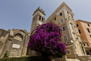A historic building with a bell tower and a large purple flowering tree in front. - ANNUNZIATA URBAN SUITES by LOC HOSPITALITY (Corfu)