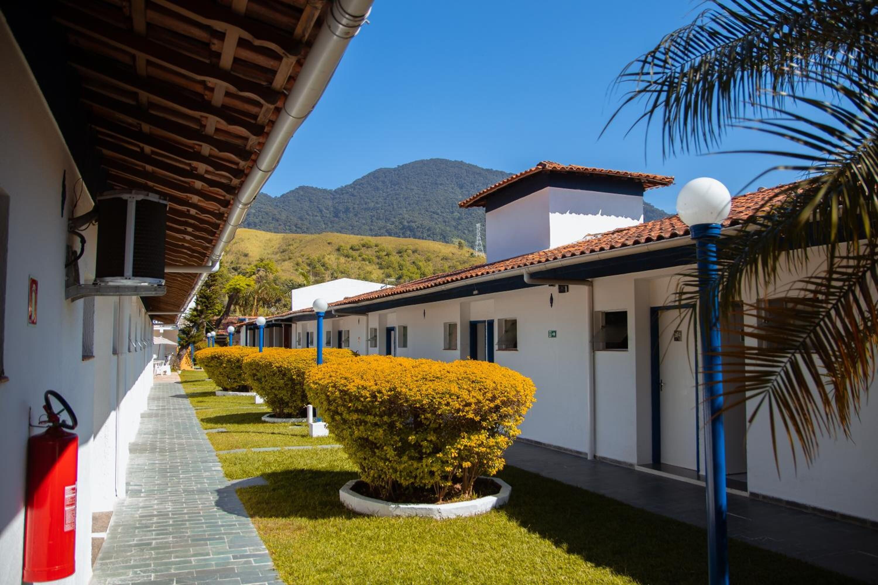 A corridor with neatly trimmed bushes, a fire extinguisher, and a clear view of a mountain in the background.