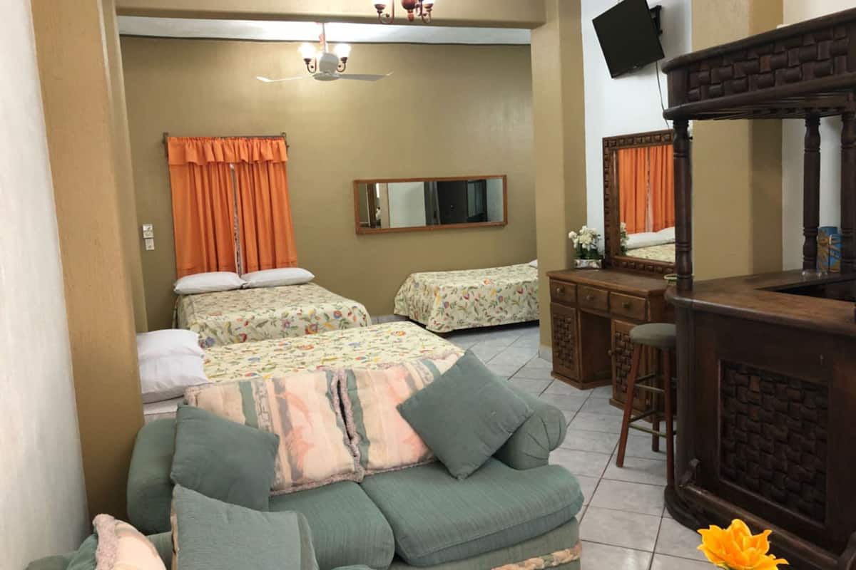 Une chambre avec deux lits, un canapé, une commode, un miroir et un téléviseur.