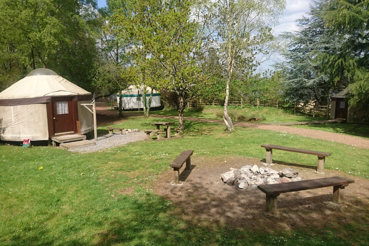 Une yourte dotée d’un petit porche et d’une entrée couverte, entourée d’une zone herbeuse avec des tables de pique-nique et des bancs.