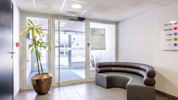 A modern reception area with a curved seating area, a large potted plant, and a glass door leading outside.
