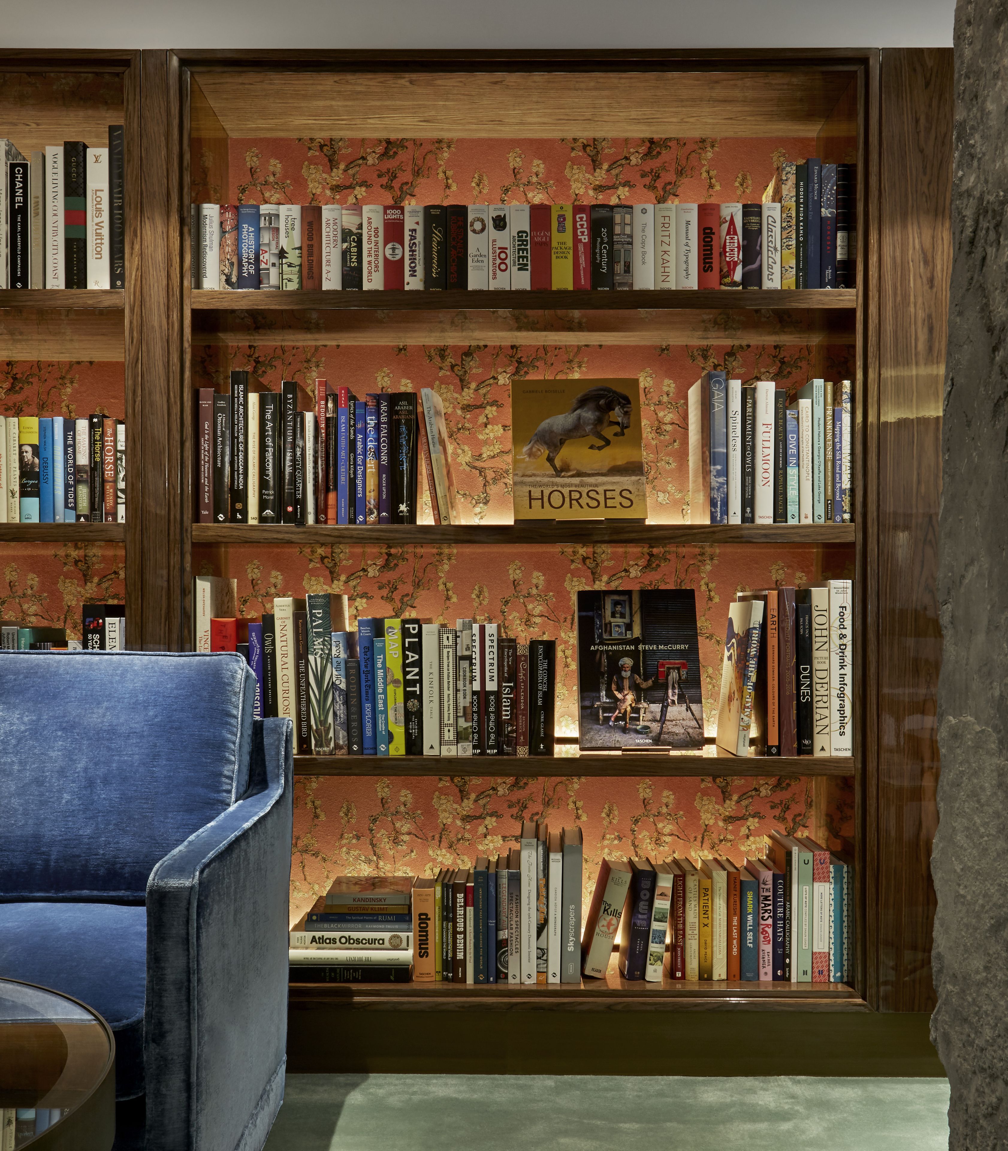 A bookshelf with a variety of books, a chair, and a decorative rug.