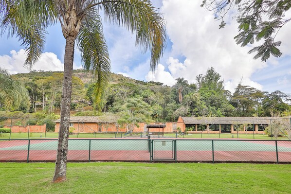 Una cancha de tenis con una valla verde, una palmera y un edificio al fondo.