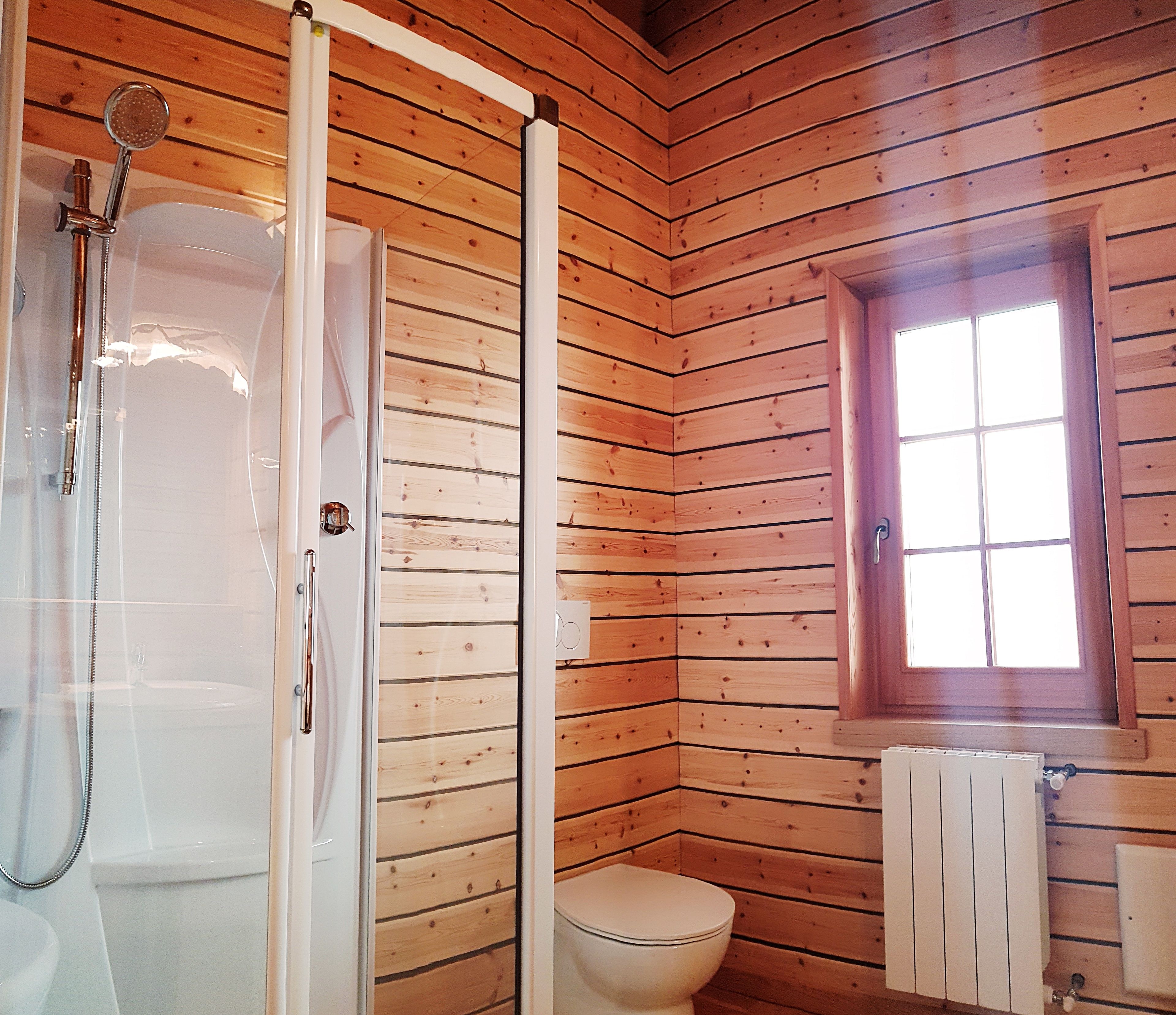 A wooden cabin bathroom with a glass-enclosed shower, a toilet, and a window.