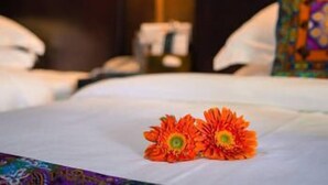Ein Hotelzimmer mit Bett, Kissen, einem farbenfrohen Kissen und einer Hängelampe.