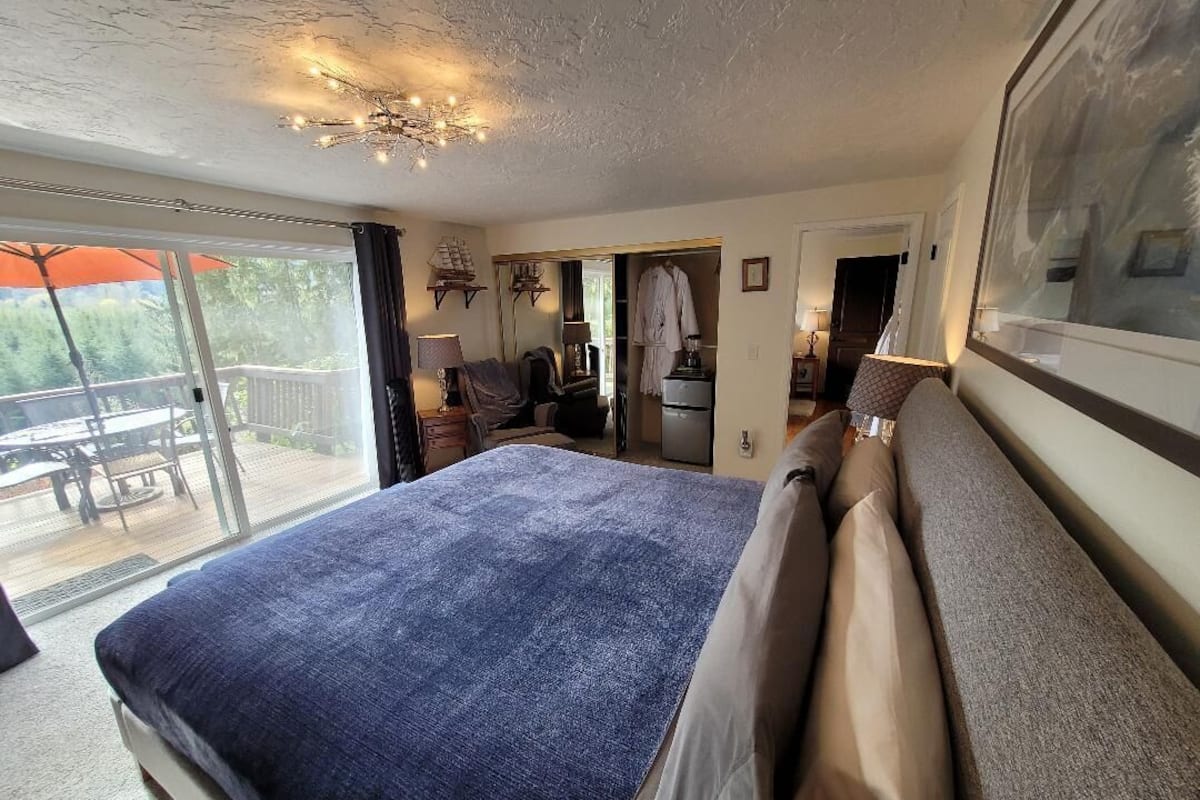 A bedroom with a large bed, a ceiling light fixture, a wardrobe, and a sliding glass door leading to an outdoor area.