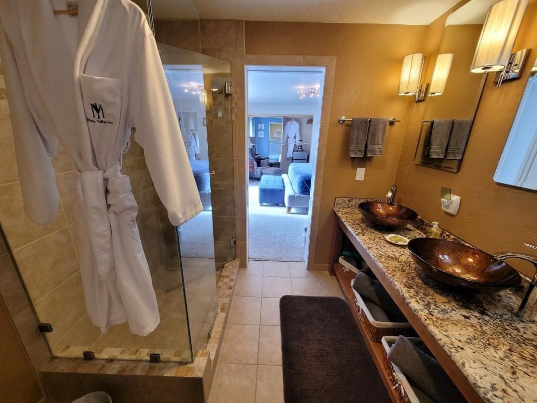 Shower, hair dryer, bathrobes, towels