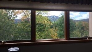 Ein Zimmer mit einem großen Fenster mit Blick auf eine bewaldete Landschaft und Berge in der Ferne.