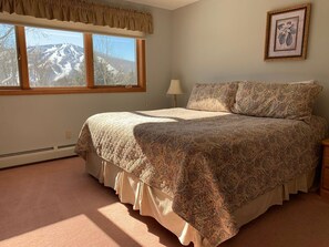 A bedroom with a large bed, a window with a view of snow-capped mountains, a bedside lamp, and a framed picture on the wall.