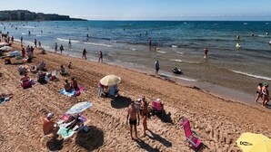 Uma praia com pessoas se banhando e nadando.