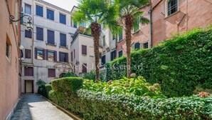 A narrow cobblestone alley with buildings on either side, a hedge, and a palm tree.