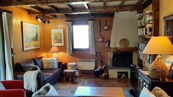 Télévision, cheminée, livres