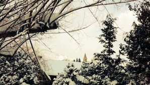 A snow-covered landscape with a church spire in the background. - Warm Traditional Chalet, Snow / Sun Hautes Alpes, All Comfort (Chabottes)