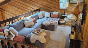 Smart TV, fireplace, books