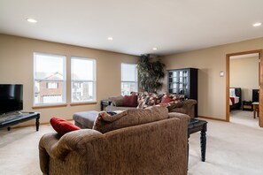 Televisión, chimenea y libros 