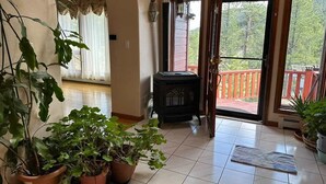 Une pièce avec une cheminée, des plantes en pot et une vue sur un balcon.