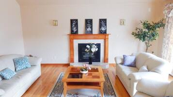 Een televisie en een open haard