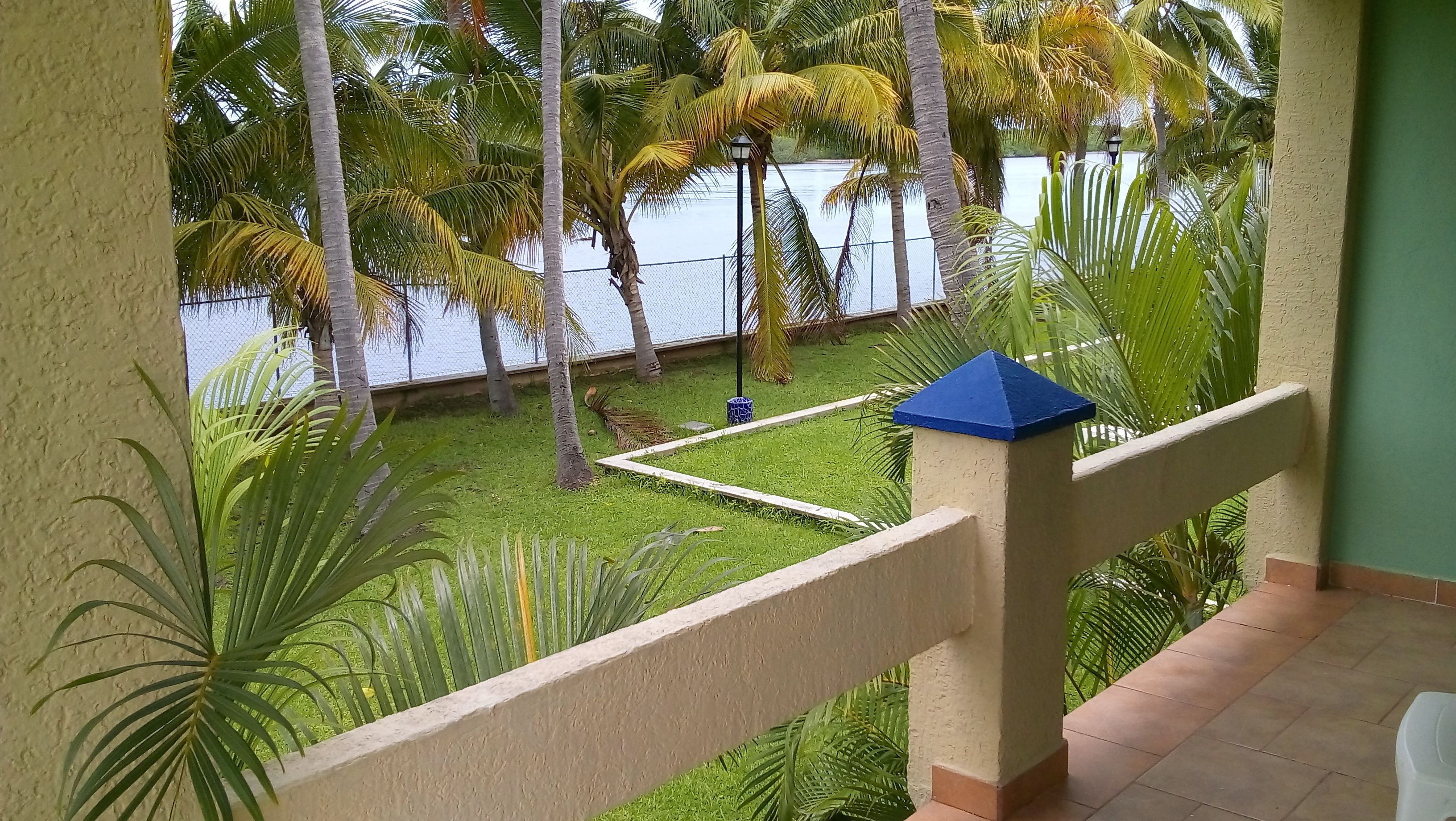 A balcony with a view of a grassy area, palm trees, and a body of water.