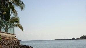 A coastal view with a rocky shoreline, a palm tree, and a distant island.