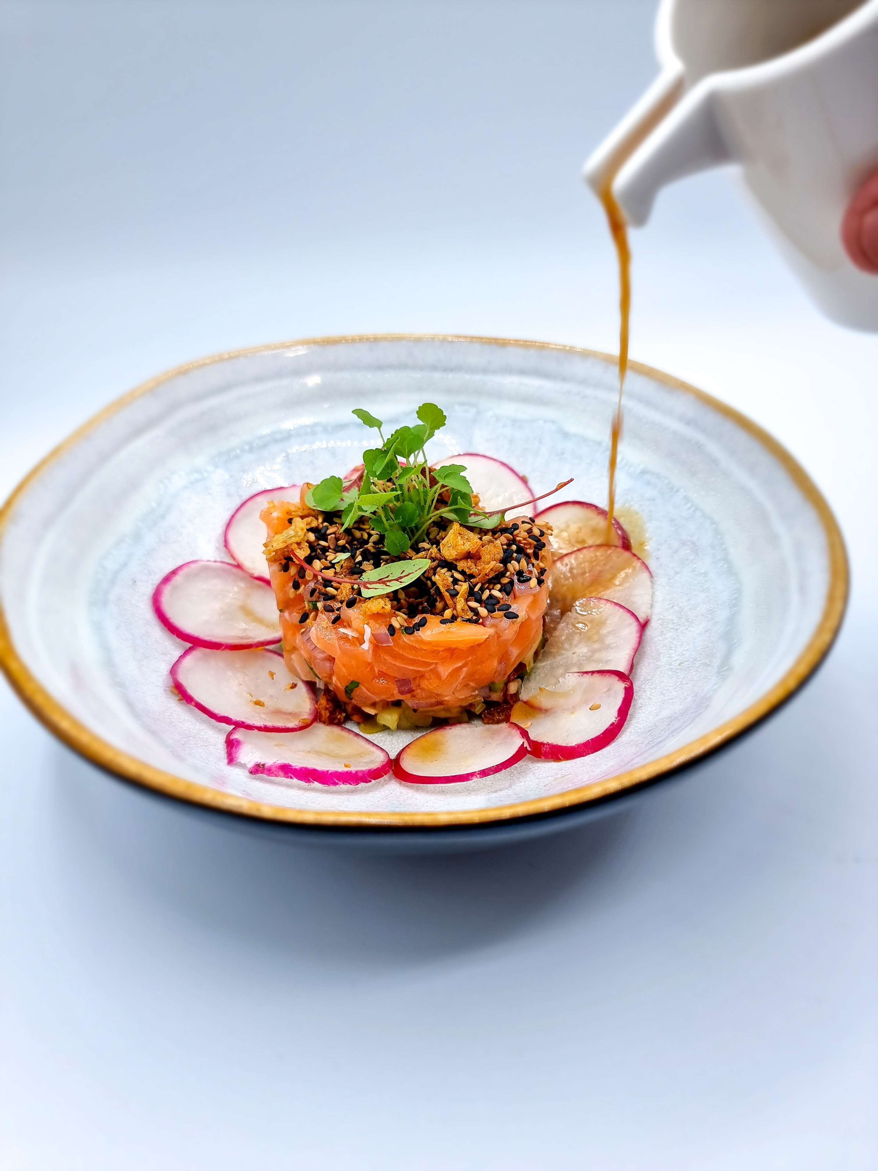 Un plat composé de saumon, de rondelles de radis et nappé d’une sauce.
