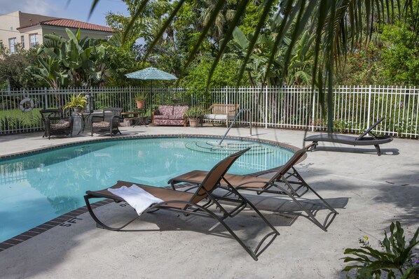 Outdoor pool, pool umbrellas, pool loungers