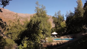 Seasonal outdoor pool, open 10 AM to 7:30 PM, pool umbrellas
