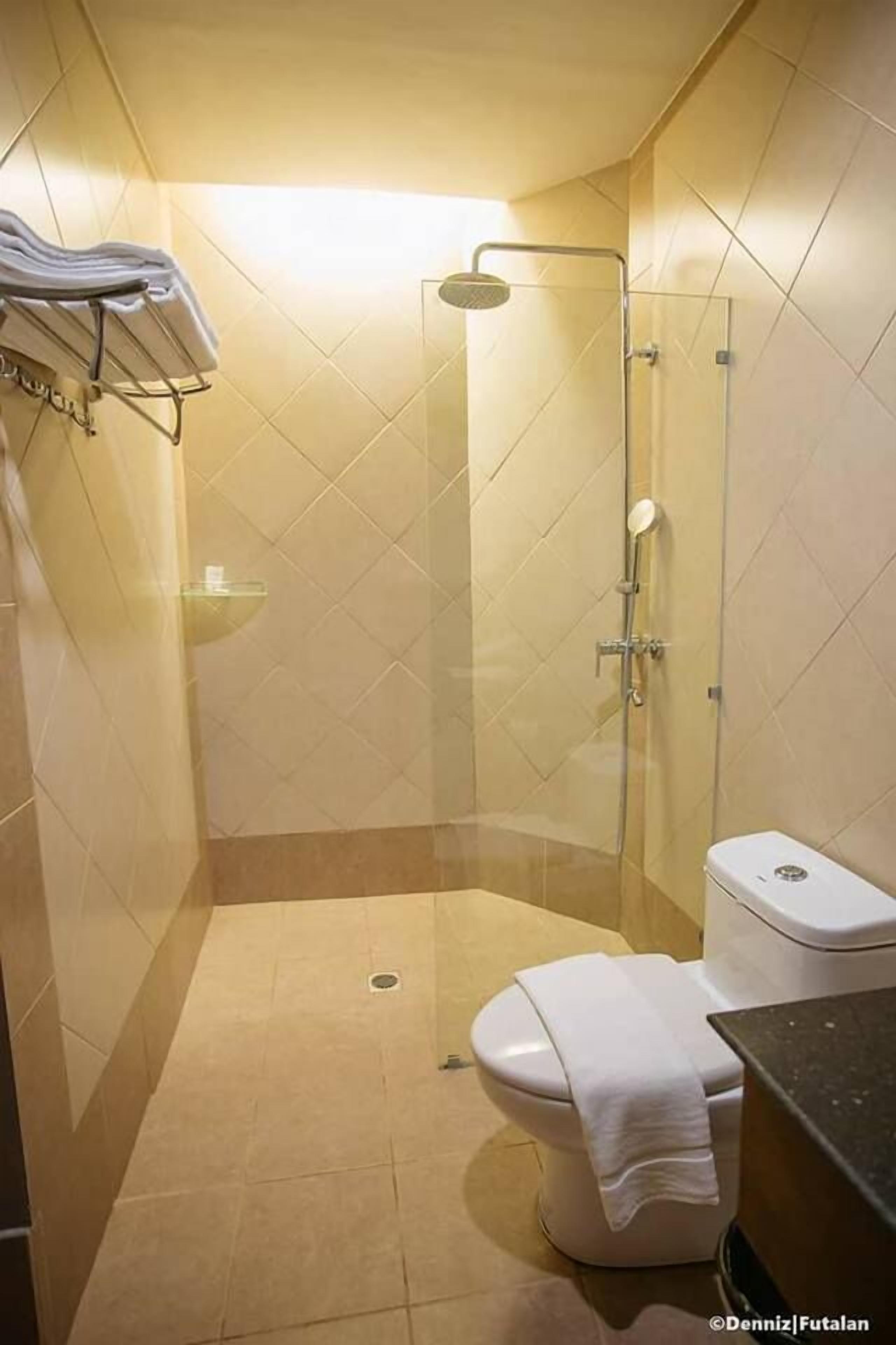 shower, free toiletries, hair dryer, towels