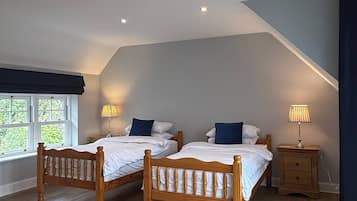 A bedroom with two wooden beds, a window with a view, and a nightstand with a lamp.