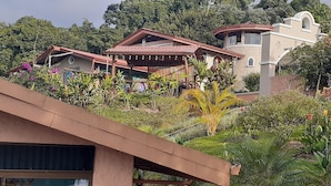 A guest house named 'Encantada' with a garden and a view of the surrounding landscape. - Romantic Hidden Jungle Gem for Two, Spectacular Views, Spa, A/C & Private Pool (El Castillo)
