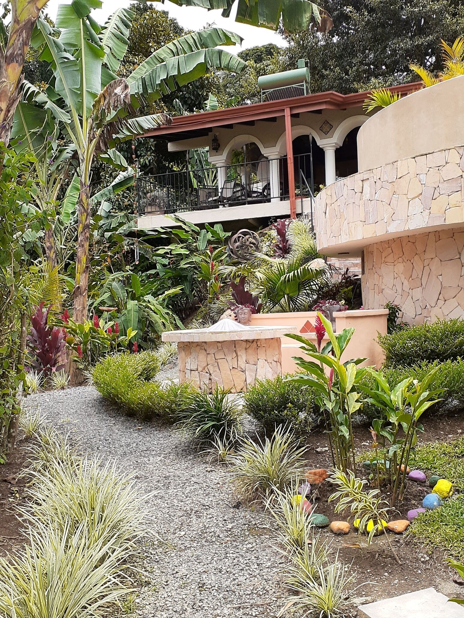 A lush garden with a variety of plants and a stone structure.
