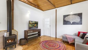 A cozy living room with a wood-burning stove, a television on a wooden stand, a colorful rug, and a grey sofa with patterned cushions. - BLUE APPLE LODGE - a fabulous mountain holiday escape! SPECIALS ON NOW ! (Bilpin)