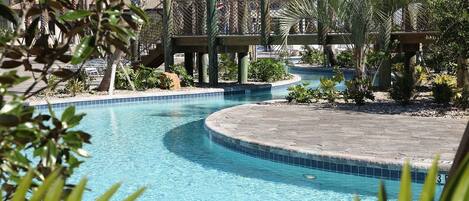 A pool area with a curved edge, surrounded by palm trees and a wooden deck.
