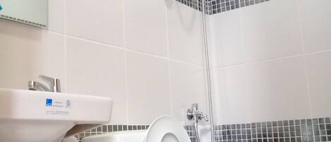 Une salle de bain avec des toilettes, un lavabo et une douche.
