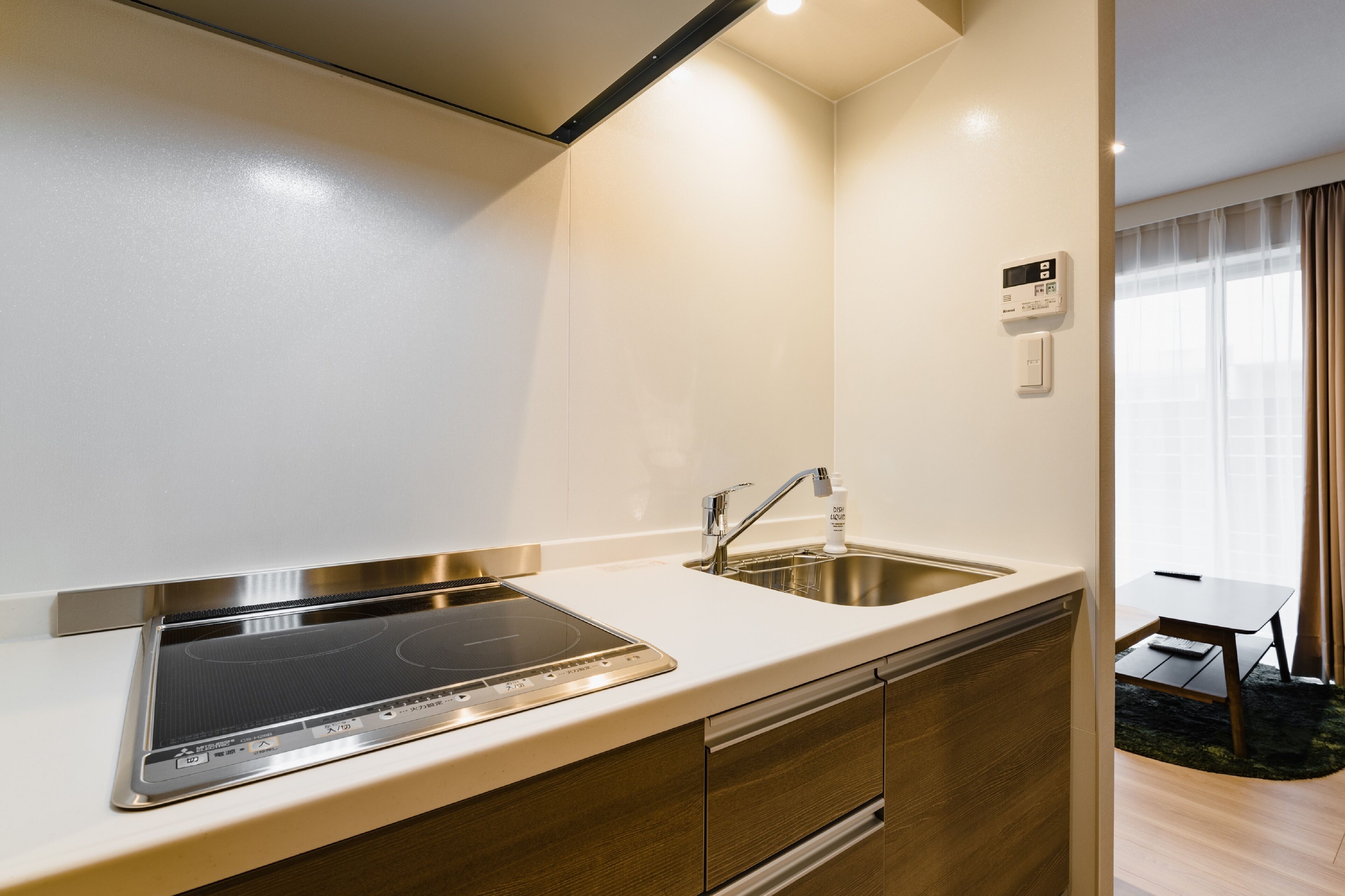 Una cocina moderna con placa vitrocerámica empotrada, un lavamanos de acero inoxidable y armarios de madera.
