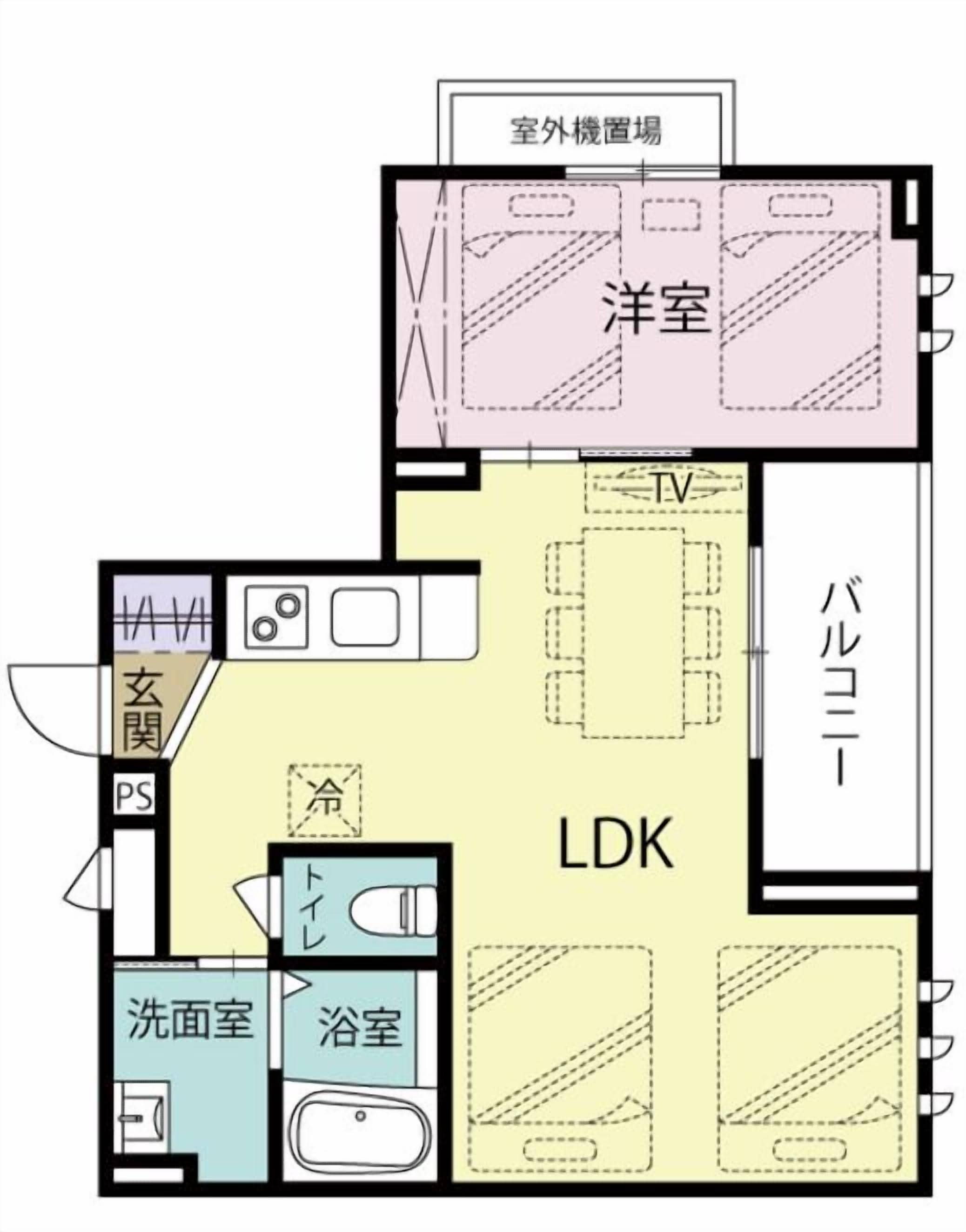 Planta de um hotel com sala de estar (LDK), banheiro, quarto, varanda e sala de TV.