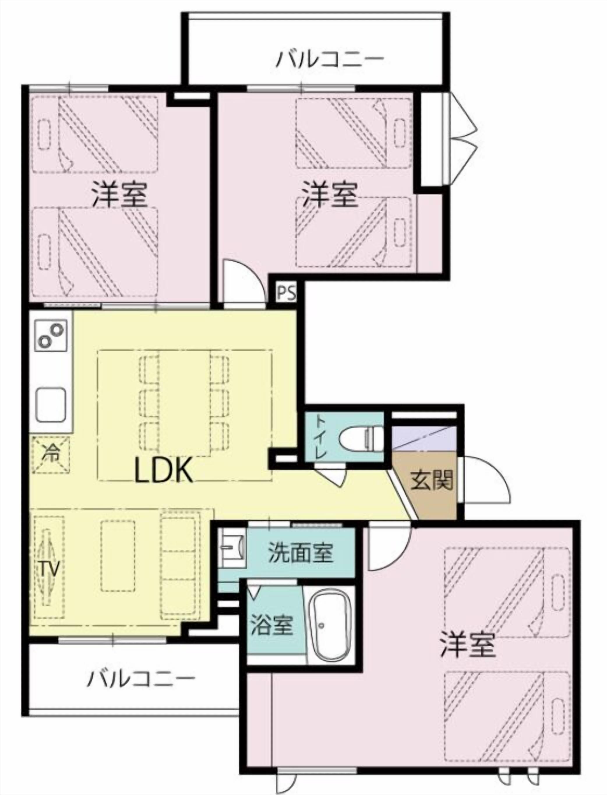 Planta baixa de um hotel com dois quartos, uma sala de estar, um banheiro, um vaso sanitário e uma varanda.