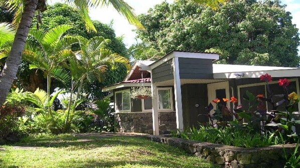 A house with a stone facade, a covered porch, and a garden with tropical plants.