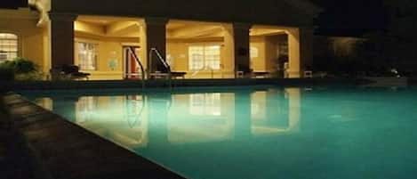 Outdoor pool, pool umbrellas, pool loungers