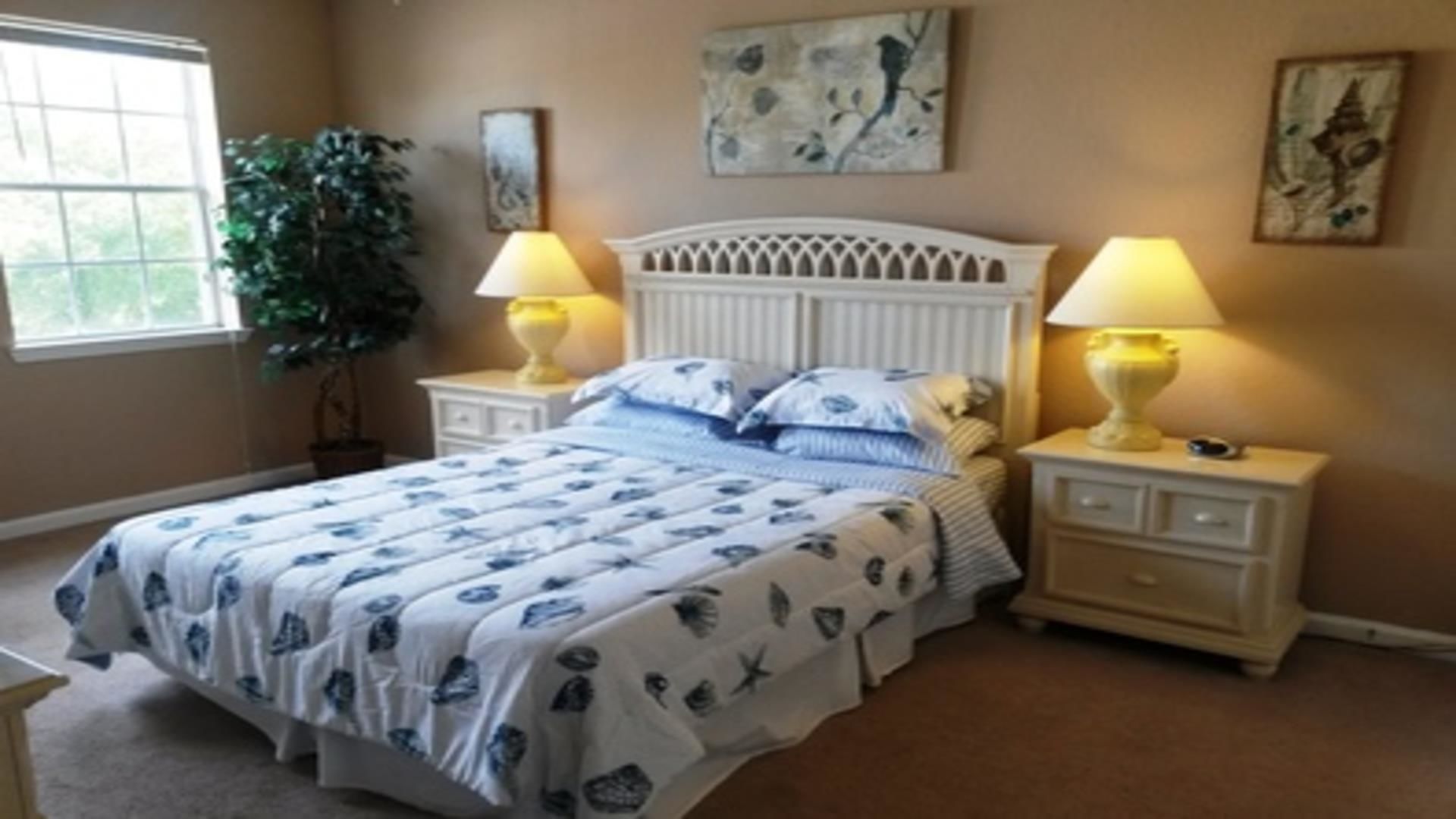 A bedroom with a bed, two bedside tables, a nightstand, a window, and a plant.