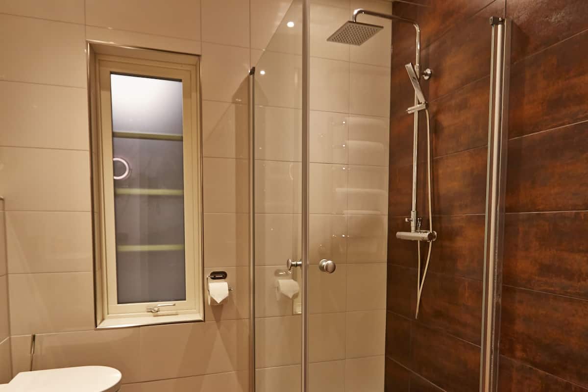 deluxe room | bathroom | shower, rainfall showerhead, hair dryer, towels