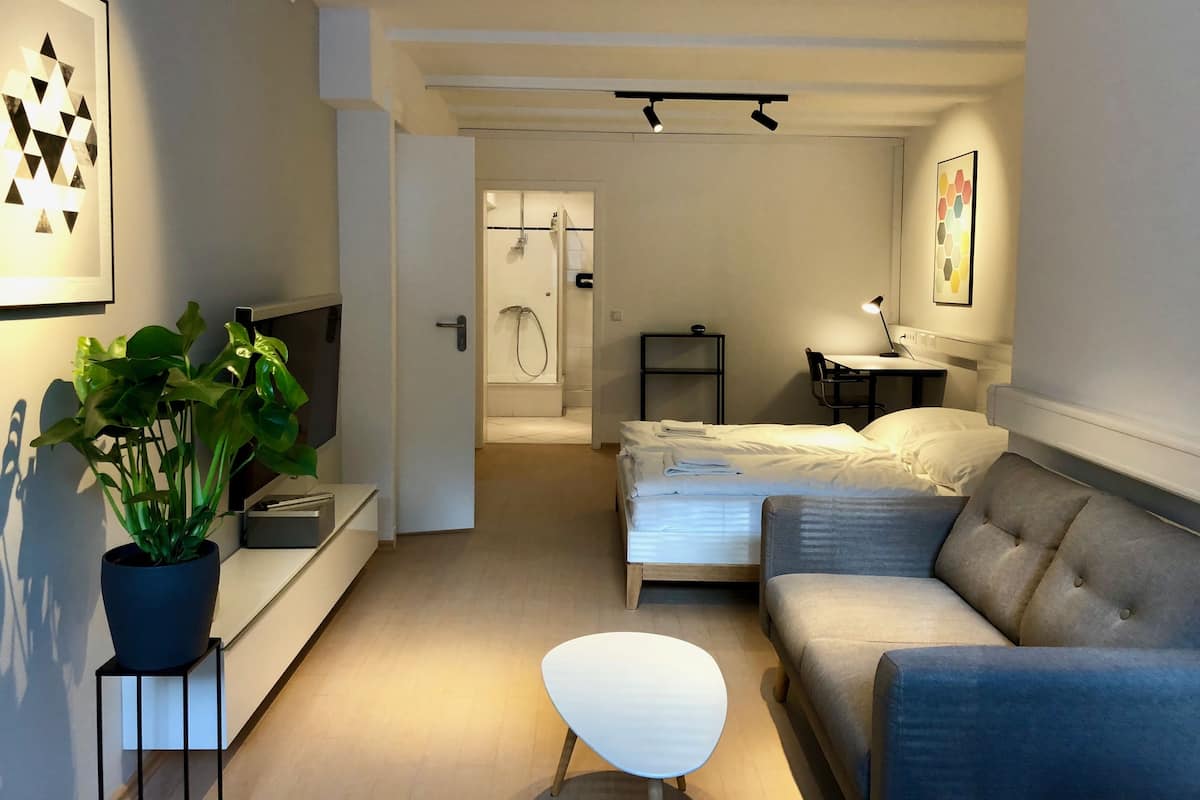 Suite estudio de diseñador, 1 cama Queen size | Área de sala de estar | Televisión de pantalla plana y reproductor de DVD 