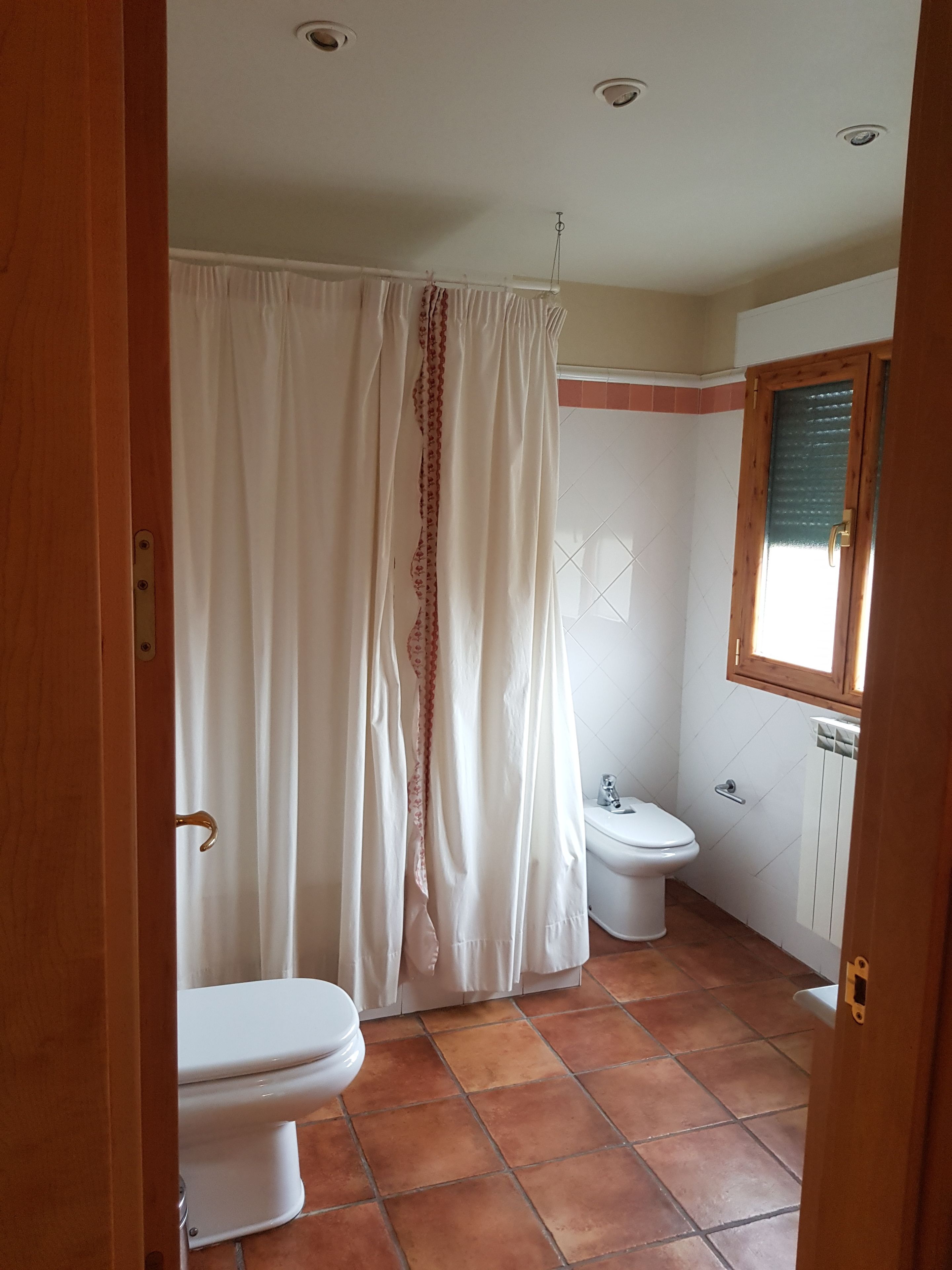 Een badkamer met toilet, bidet en douchegordijn.