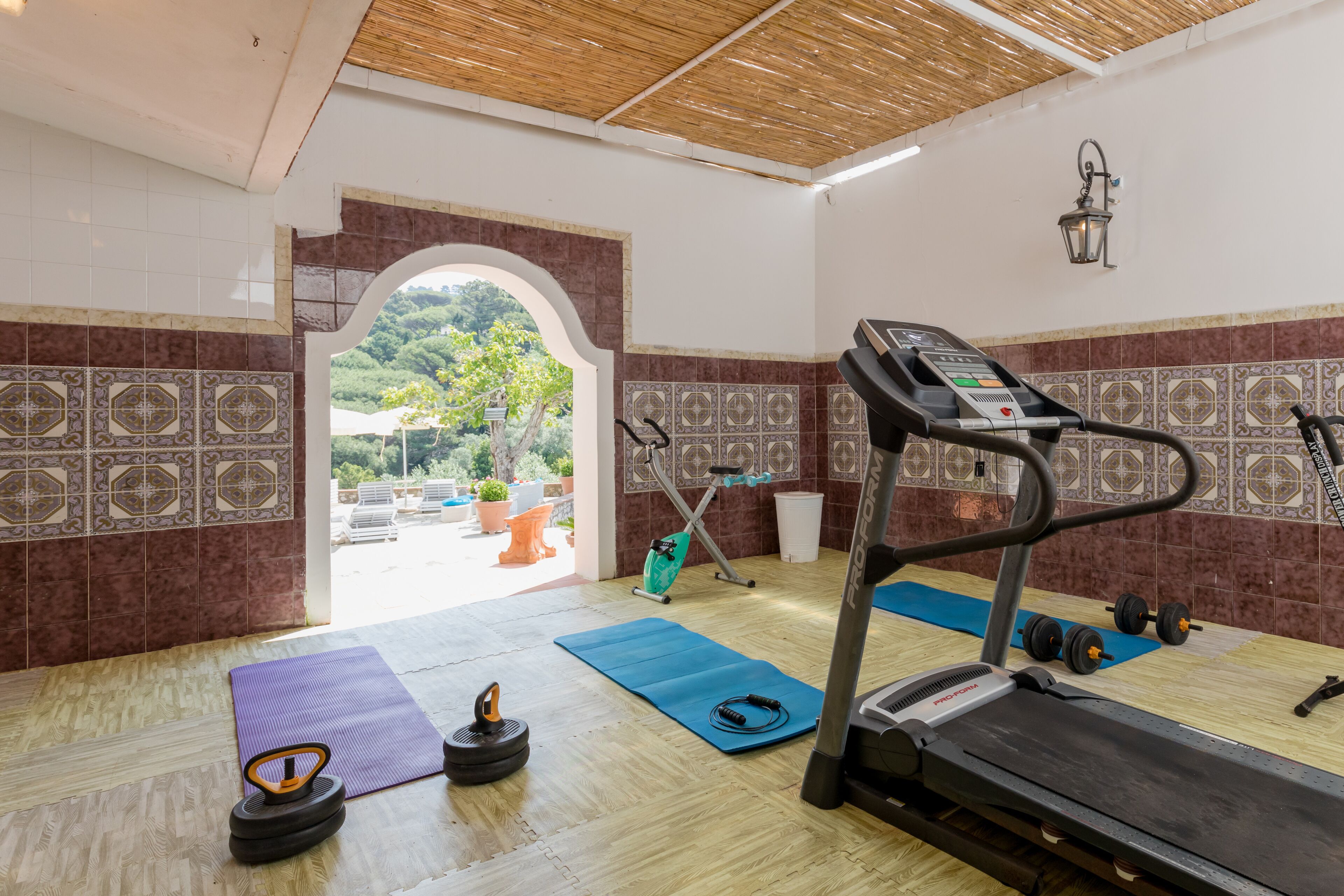 Un gimnasio con equipo de ejercicio, colchonetas y vistas al exterior con vegetación.