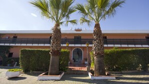 A building with a central entrance, flanked by two palm trees, and a paved walkway leading to it.