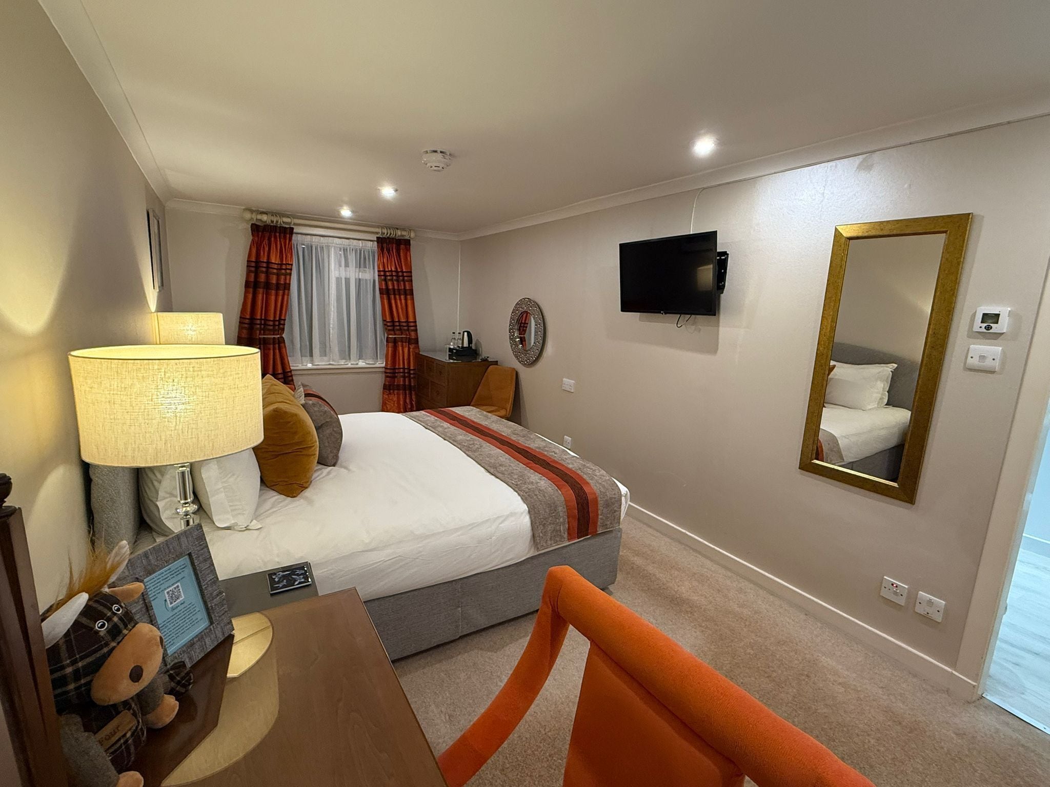 Habitación de hotel con cama, televisión, espejo, lámpara, silla y una pequeña mesa con un peluche.